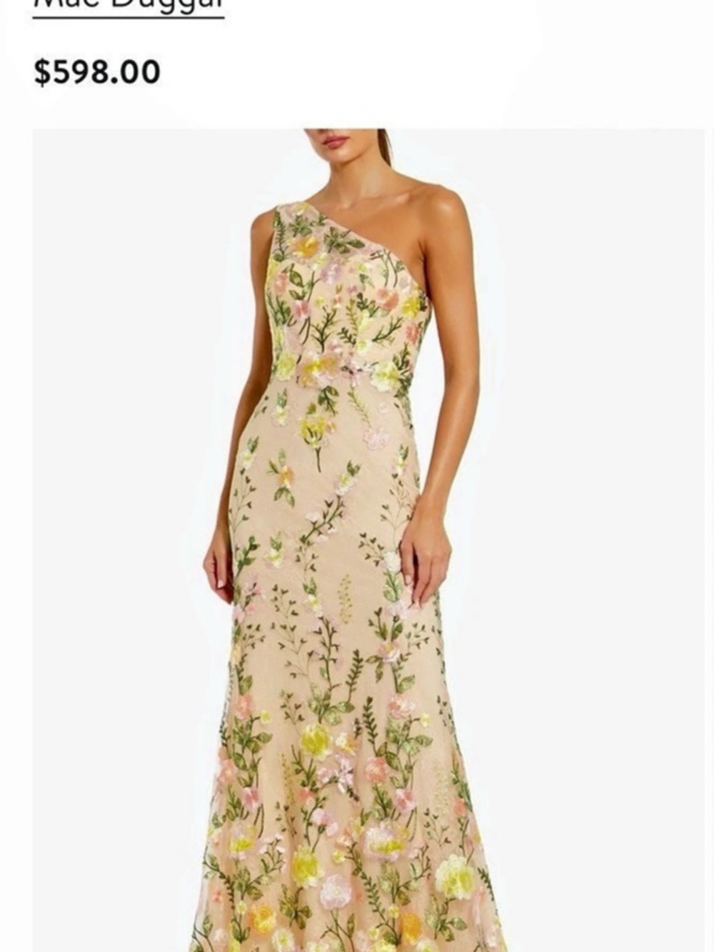 Mac Duggal One Shoulder Lace Embroidered Gown in neutral tan and Yellow